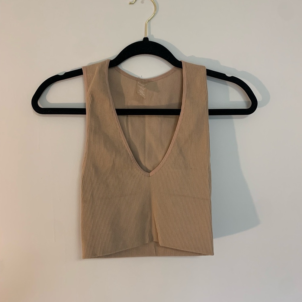 Tan Ribbed V-Neck Women's Top